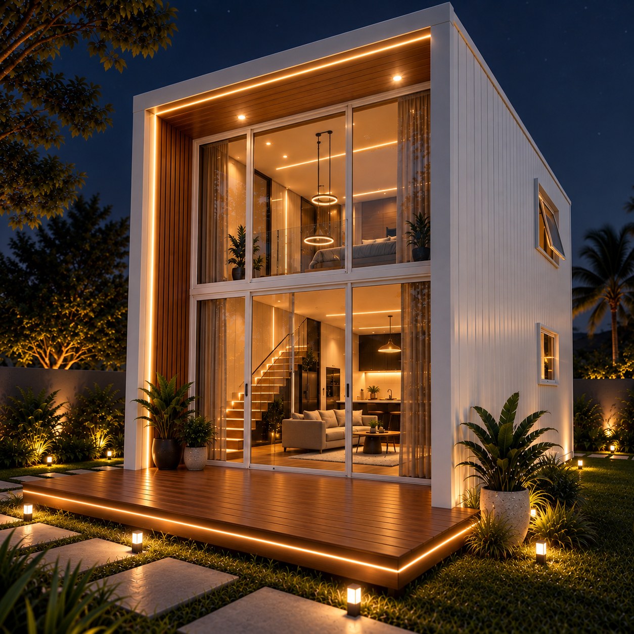 Loft modular Casa Box iluminado à noite