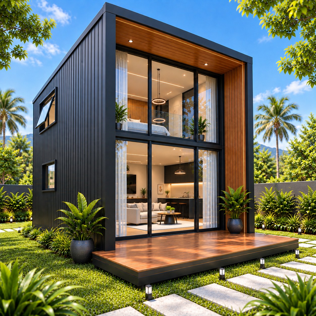 Fachada de modular Casa Box durante o dia